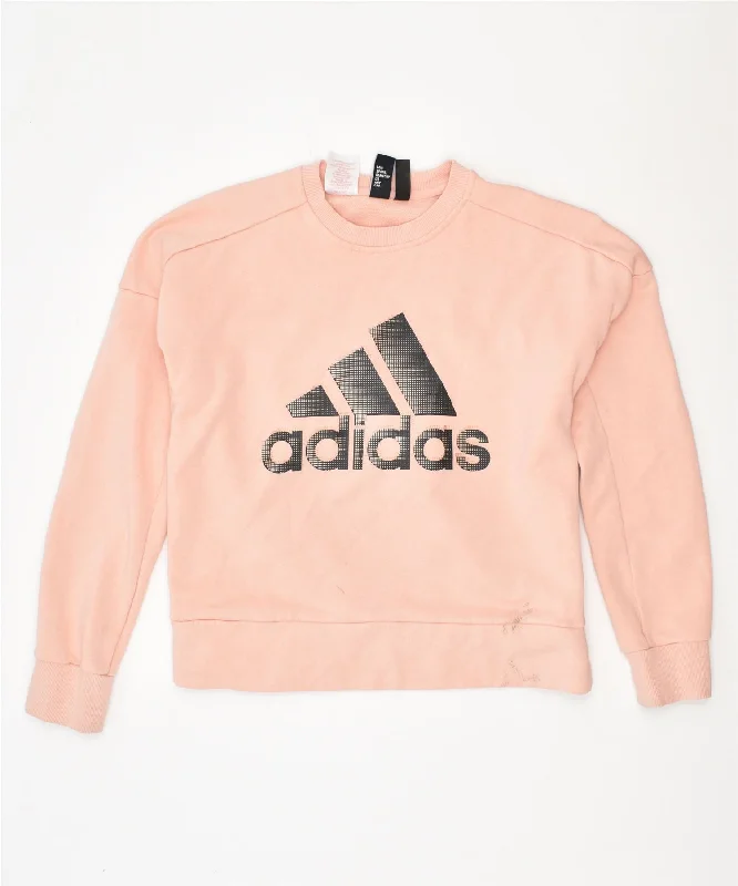 men's trendy zip-up sweatshirts -ADIDAS Girls Graphic Sweatshirt Jumper 11-12 Years Pink Cotton