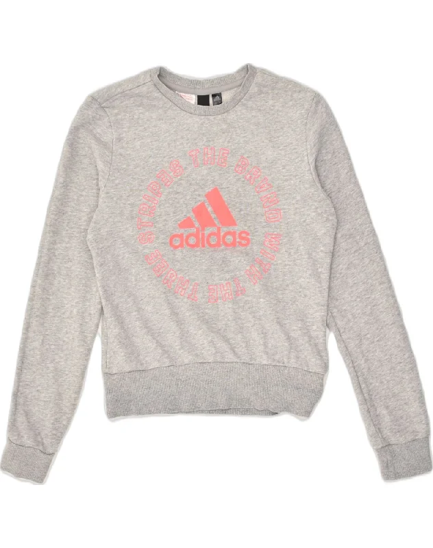 men's light hoodie for spring -ADIDAS Girls Graphic Sweatshirt Jumper 13-14 Years Large Grey Cotton