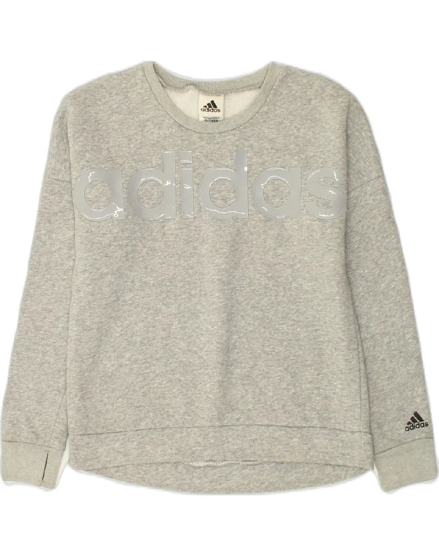 men's pullover hoodie with pockets -ADIDAS Girls Graphic Sweatshirt Jumper 15-16 Years XL Grey Cotton