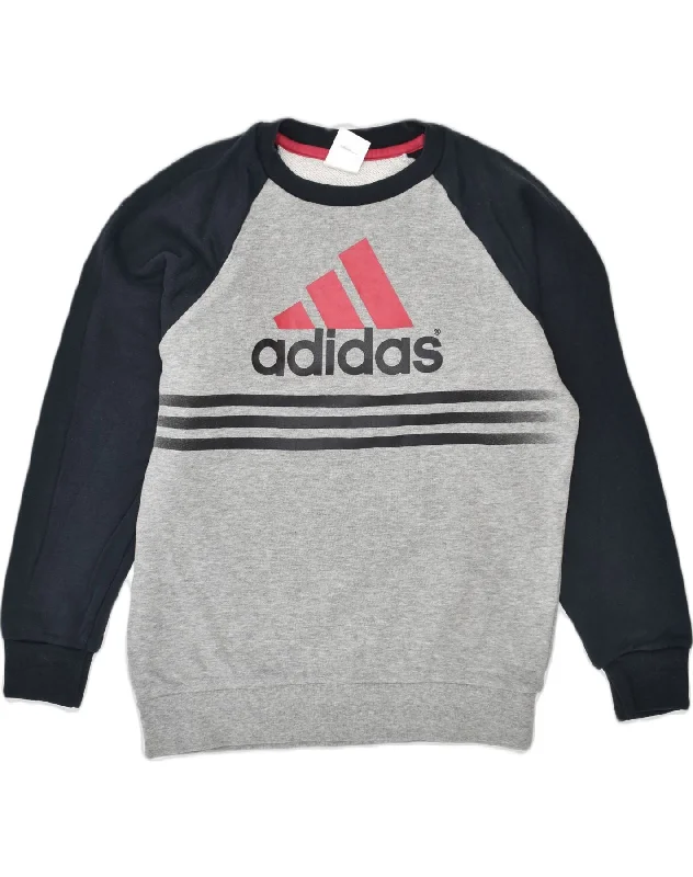 men's heavy-duty hoodies -ADIDAS Girls Graphic Sweatshirt Jumper 9-10 Years Grey Colourblock Cotton