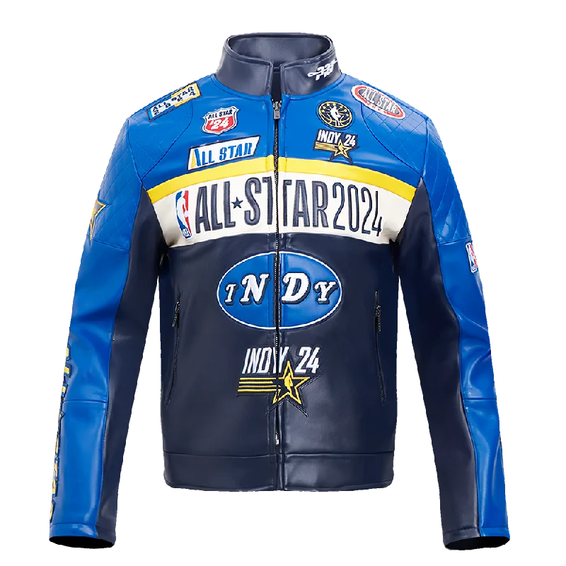 men's fleece-lined jackets -NBA ALL STAR GAME 2024 MEN'S FZ VEGAN LEATHER JACKET (MIDNIGHT NAVY/EGGSHELL/ROYAL)