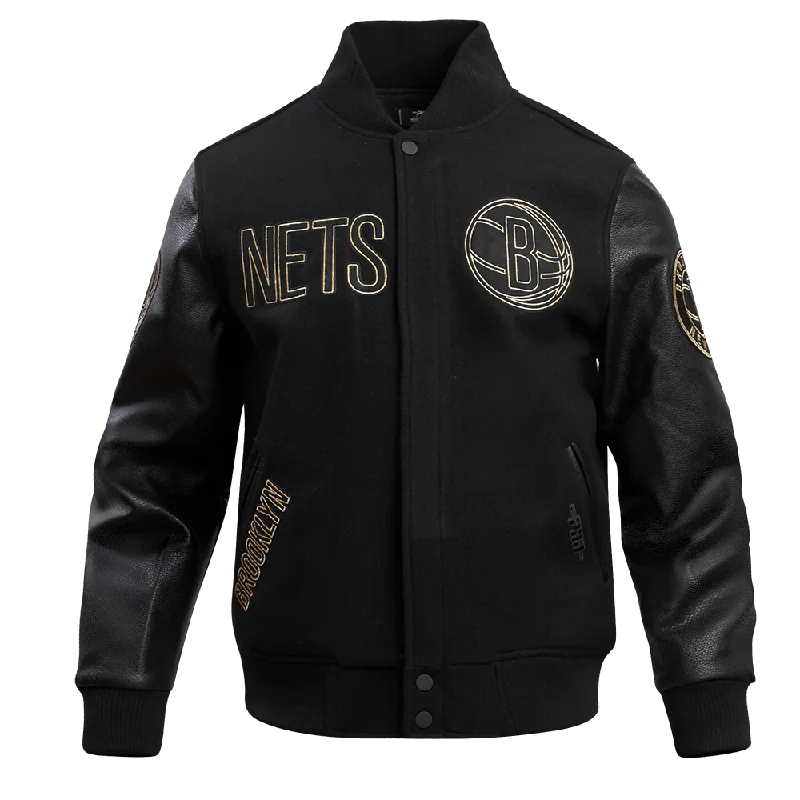 men's zip-up hooded jackets -NBA BROOKLYN NETS BLACK & GOLD MEN'S WOOL VARSITY JACKET (JET BLACK)