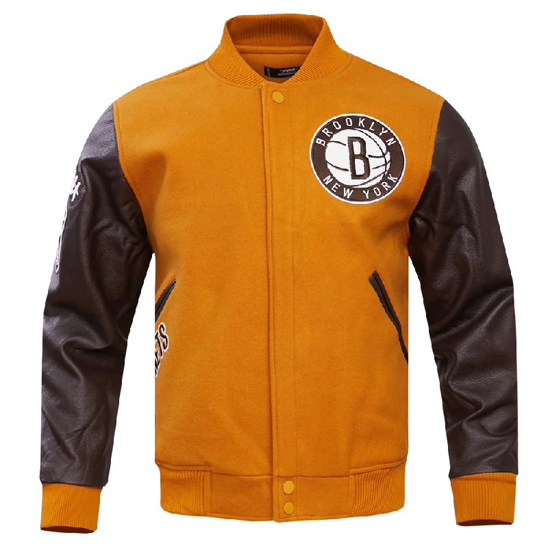 men's stylish leather bomber jackets -NBA BROOKLYN NETS CLASSIC WOOL MEN'S VARSITY JACKET (BROWN)