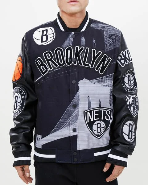 men's tailored outdoor jackets -NBA BROOKLYN NETS REMIX VARSITY MEN'S JACKET (BLACK)