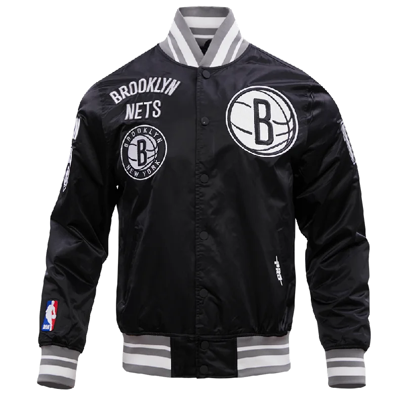 men's sports jackets for work -NBA BROOKLYN NETS RETRO CLASSIC MEN'S RIB SATIN JACKET (BLACK/GRAY)