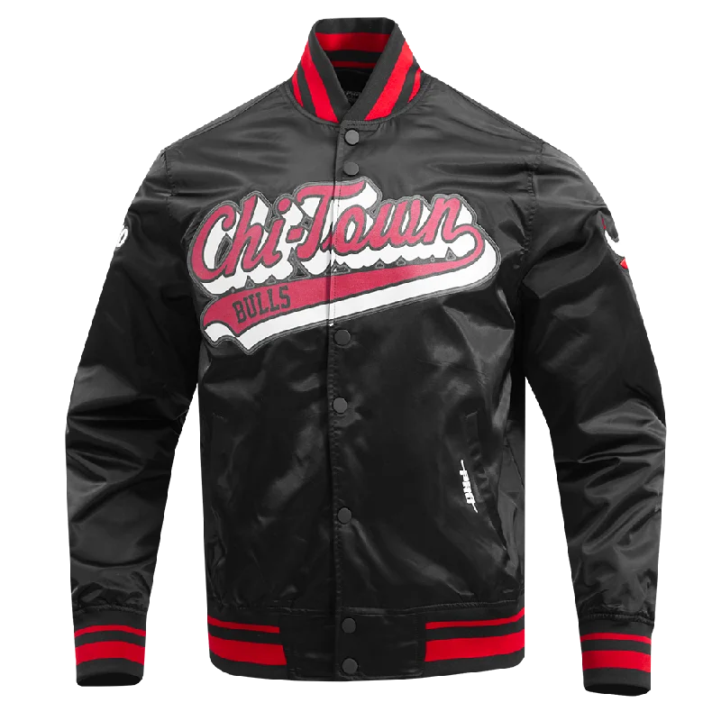 men's winter jackets with hood -NBA CHICAGO BULLS SCRIPT TAIL MEN'S SATIN JACKET (BLACK/RED/BLACK)