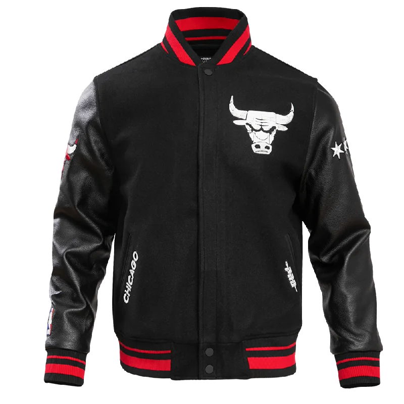 men's waterproof puffer jackets -NBA CHICAGO BULLS MEN'S CHEST MADHOUSE ON MADISON RIB WOOL VARISTY JACKET (BLACK/RED/BLACK)