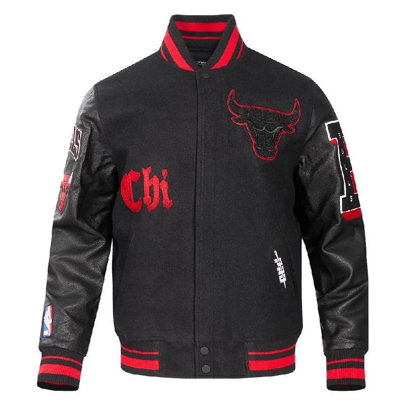 men's softshell jackets -NBA CHICAGO BULLS OLD ENGLISH MEN'S RIB WOOL VARSITY JACKET (BLACK/RED/BLACK)