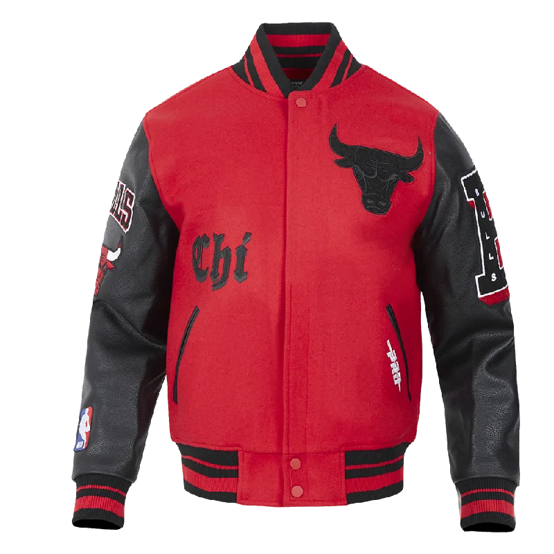 men's trench coats -NBA CHICAGO BULLS OLD ENGLISH MEN'S RIB WOOL VARSITY JACKET (RED/BLACK)