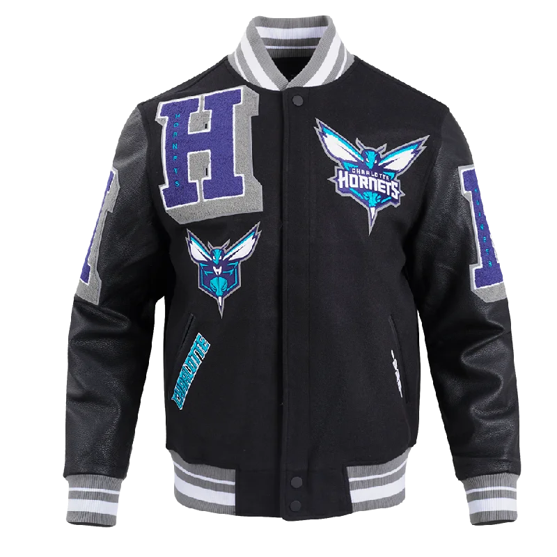 men's bomber jacket with patches -NBA CHARLOTTE HORNETS MASHUP MEN'S RIB WOOL VARSITY JACKET (BLACK/GRAY)