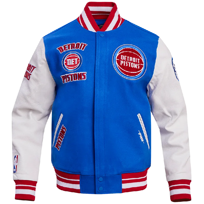 men's jacket with hoodie -NBA DETROIT PISTONS RETRO CLASSIC MEN'S RIB WOOL VARSITY JACKET (ROYAL/RED)