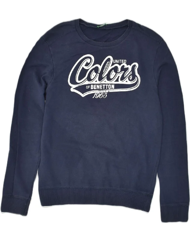 men's casual sweatshirts -BENETTON Boys Graphic Sweatshirt Jumper 13-14 Years 3XL  Navy Blue Cotton