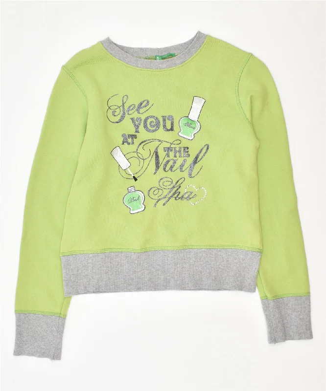 men's oversized sweatshirt hoodies -BENETTON Girls Graphic Sweatshirt Jumper 10-11 Years XL Green Cotton