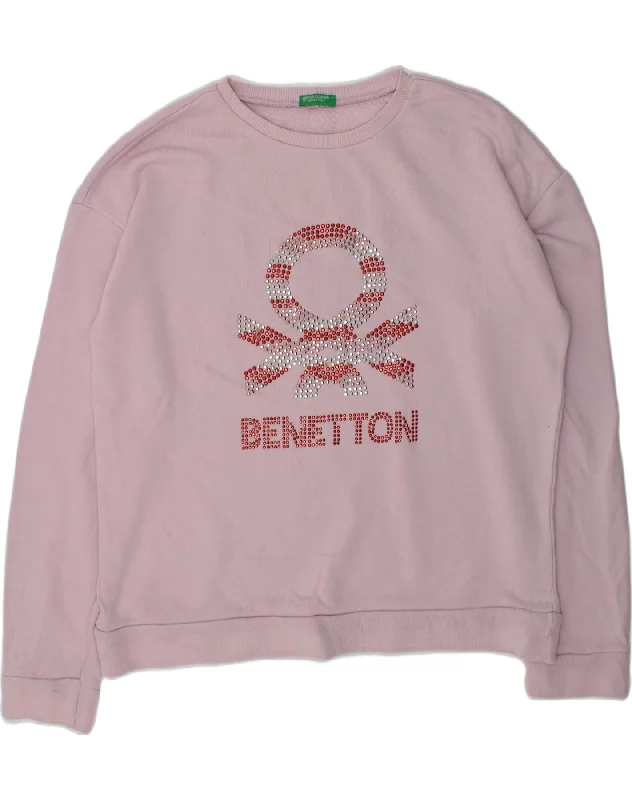 men's graphic sweatshirts with hoods -BENETTON Girls Graphic Sweatshirt Jumper 12-13 Years 3XL Pink Cotton