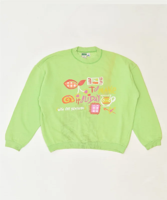 men's fleece hoodies -BENETTON Girls Graphic Sweatshirt Jumper 15-16 Years XL Green Classic