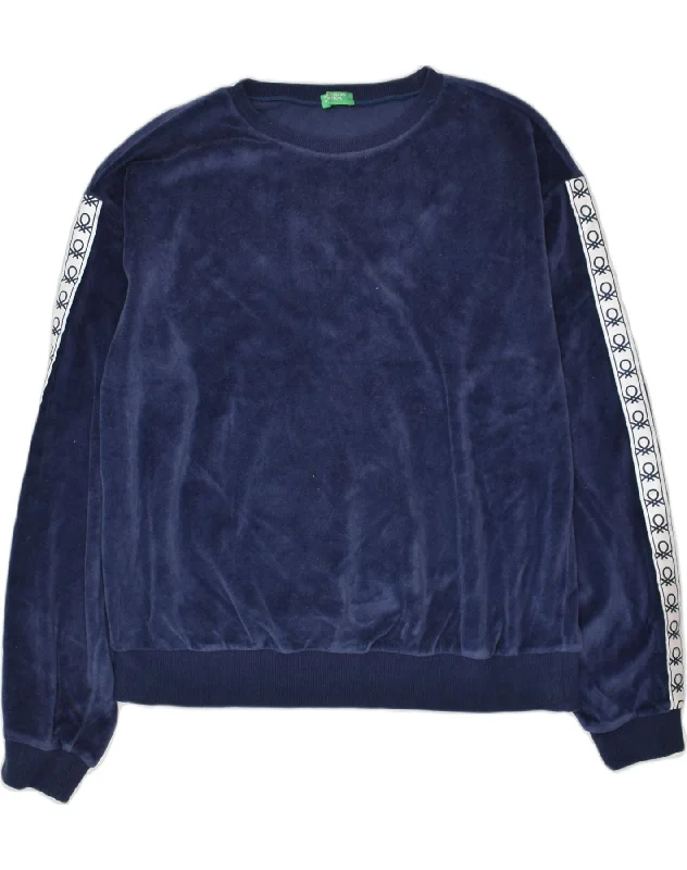 men's casual zip-up hoodies -BENETTON Girls Velour Sweatshirt Jumper 13-14 Years 3XL Navy Blue Cotton