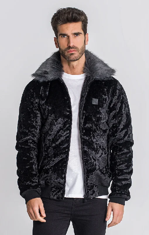 men's down-filled jackets -Black Hollywood Velvet Bomber Jacket