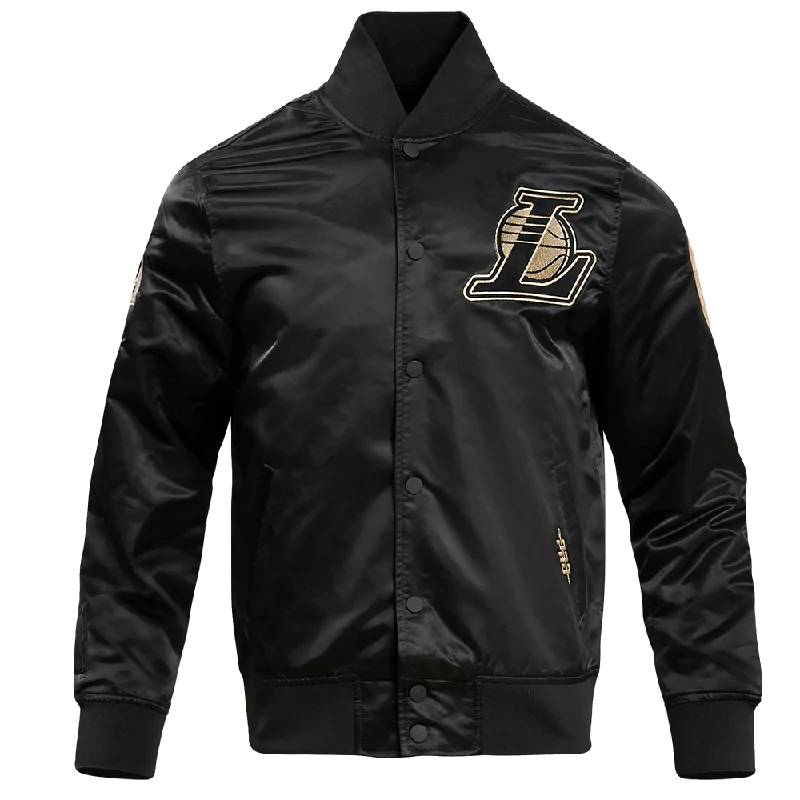 men's warm parkas for winter -LOS ANGELES LAKERS GOLD LOGO SATIN JACKET (BLACK)