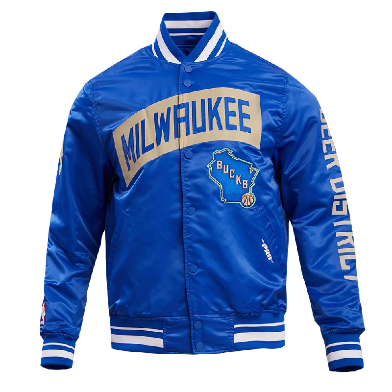 men's jacket with hoodie -NBA MILWAUKEE BUCKS MEN'S CHEST DEER DISTRICT RIB SATIN JACKET (ROYAL BLUE)