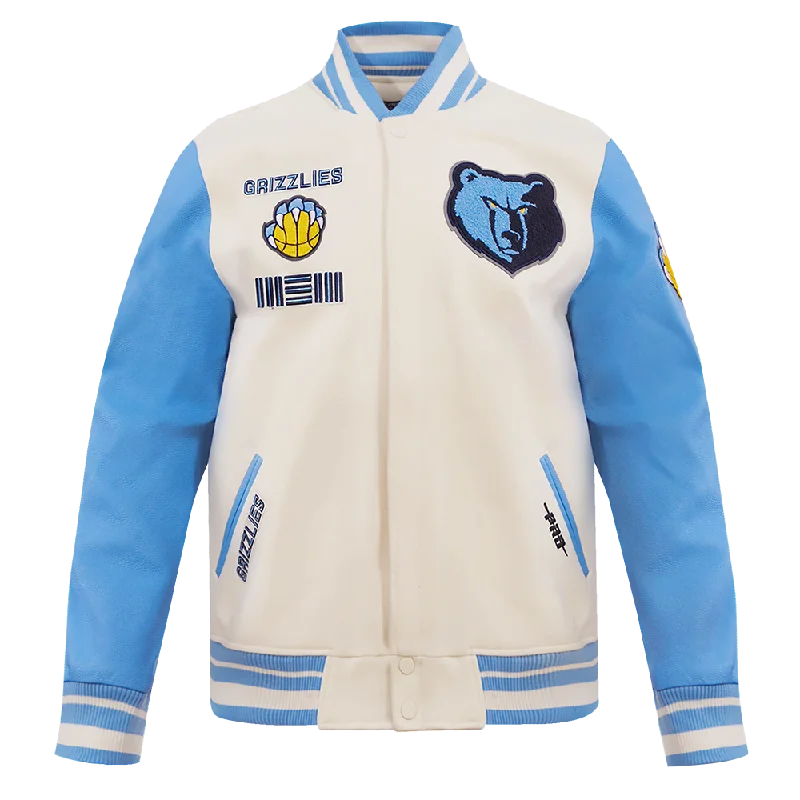 men's softshell jackets -NBA MEMPHIS GRIZZLIES RETRO CLASSIC MEN'S RIB WOOL VARSITY JACKET (EGGSHELL/UNIVERSAL BLUE)