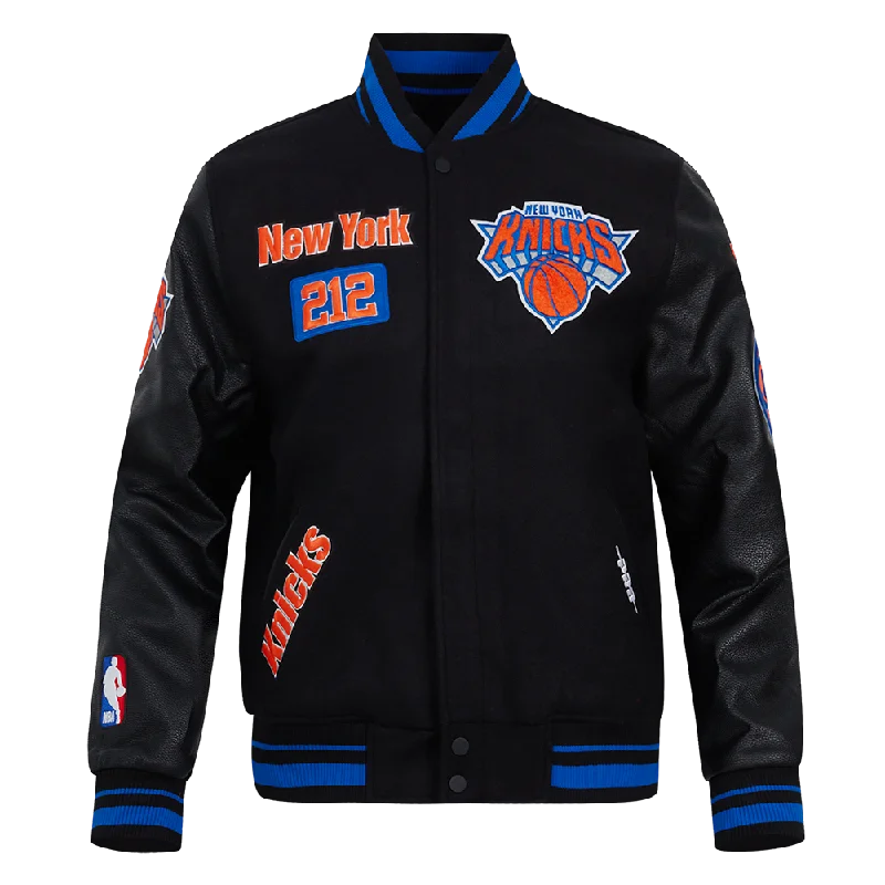 men's winter jackets with hood -NBA NEW YORK KNICKS AREA CODE MEN'S RIB WOOL VARSITY JACKET (BLACK/ROYAL BLUE/BLACK)