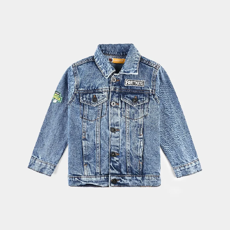 men's leather jackets -Boys Denim rigid Woven Jacket Fortnite-Mid Blue