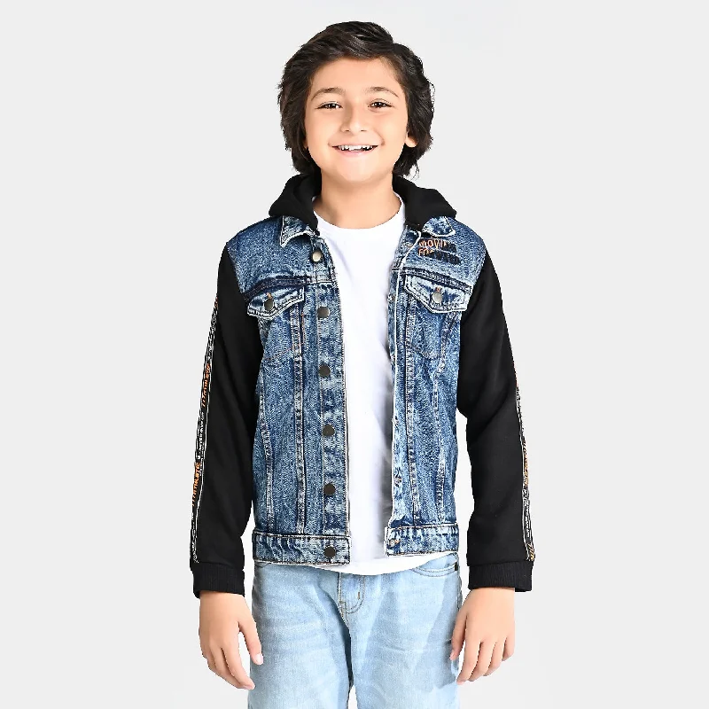 men's casual quilted jackets -Boys Denim rigid Woven Jacket-LIGHT BLUE