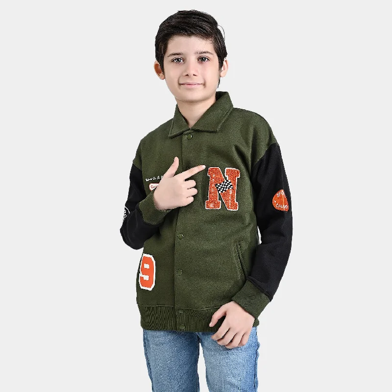 men's military jackets -Boys Fleece Knitted Jacket Racing Vibes-Rifle Green