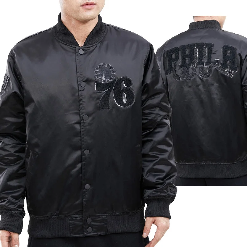 men's rain-resistant jackets -NBA PHILADELPHIA 76ERS TRIPLE BLACK MEN'S SATIN JACKET (TRIPLE BLACK)