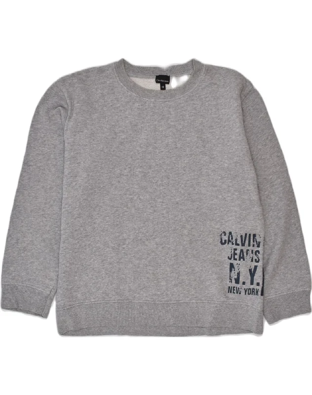 men's workout hoodies -CALVIN KLEIN Boys Graphic Sweatshirt Jumper 9-10 Years Grey Cotton