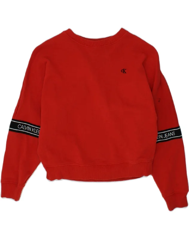 men's cotton blend hoodies -CALVIN KLEIN Girls Crop Graphic Sweatshirt Jumper 7-8 Years Red Cotton