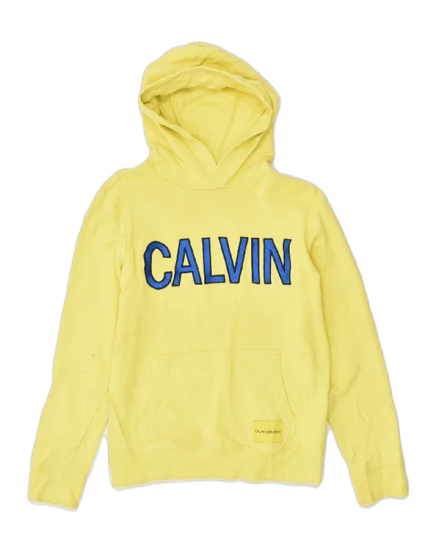 men's cotton hoodies -CALVIN KLEIN Girls Graphic Hoodie Jumper 13-14 Years Yellow Cotton