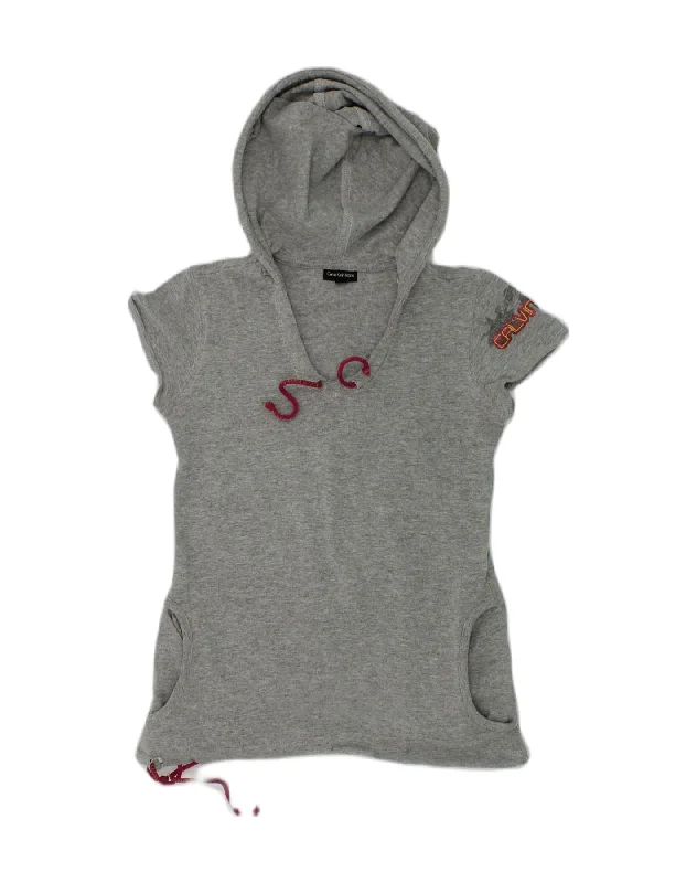 men's graphic hoodies for streetwear -CALVIN KLEIN Girls Short Sleeve Hoodie Jumper 7-8 Years Grey Cotton