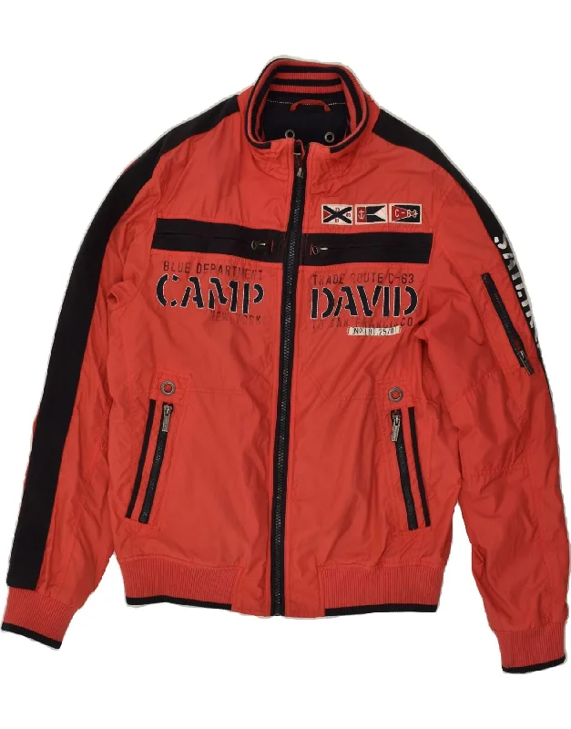 men's fashionable winter jackets -CAMP DAVID Mens Graphic Bomber Jacket UK 38 Medium Red Cotton