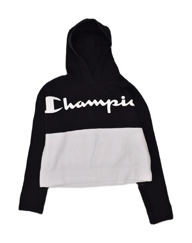 men's printed hoodies -CHAMPION Boys Crop Graphic Hoodie Jumper 13-14 Years XL  Black Colourblock