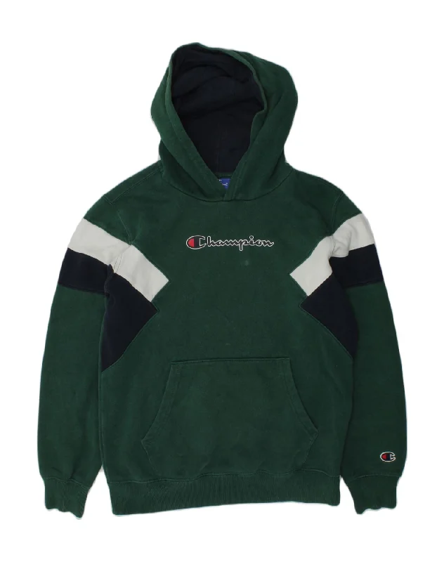 men's comfy hoodie sweatshirt -CHAMPION Boys Graphic Hoodie Jumper 11-12 Years Large  Green Colourblock