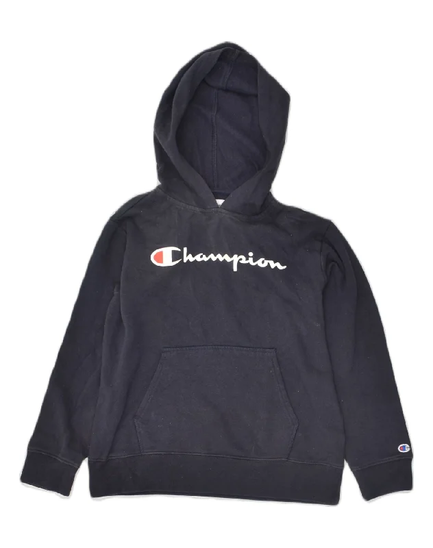 men's comfy hoodie sweatshirt -CHAMPION Boys Graphic Hoodie Jumper 12-13 Years Large Navy Blue Cotton