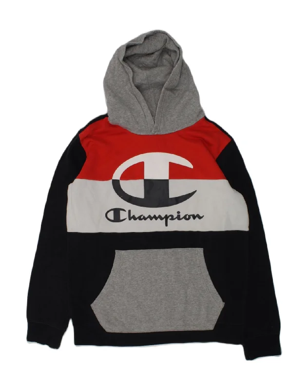 men's hoodie for layering -CHAMPION Boys Graphic Hoodie Jumper 13-14 Years XL Black Colourblock