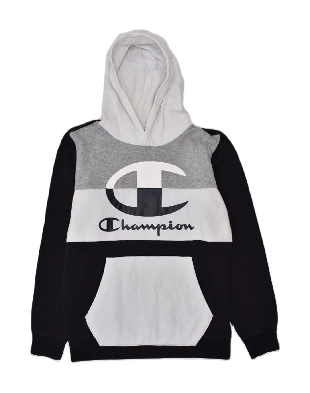 men's cotton hoodies -CHAMPION Boys Graphic Hoodie Jumper 13-14 Years XL Black Colourblock