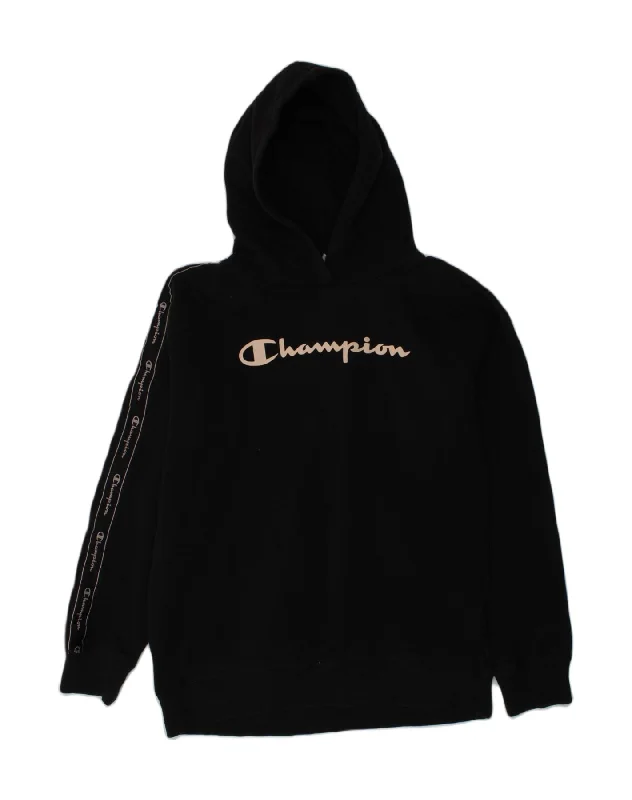 men's hoodie for outdoor wear -CHAMPION Boys Graphic Hoodie Jumper 13-14 Years XL Black Cotton