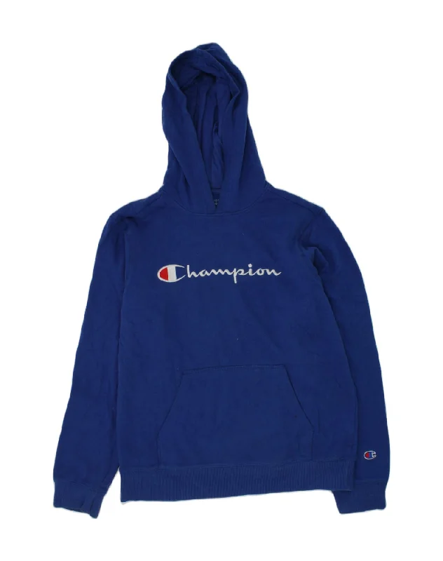 men's comfy hoodie sweatshirt -CHAMPION Boys Graphic Hoodie Jumper 13-14 Years XL Blue Cotton