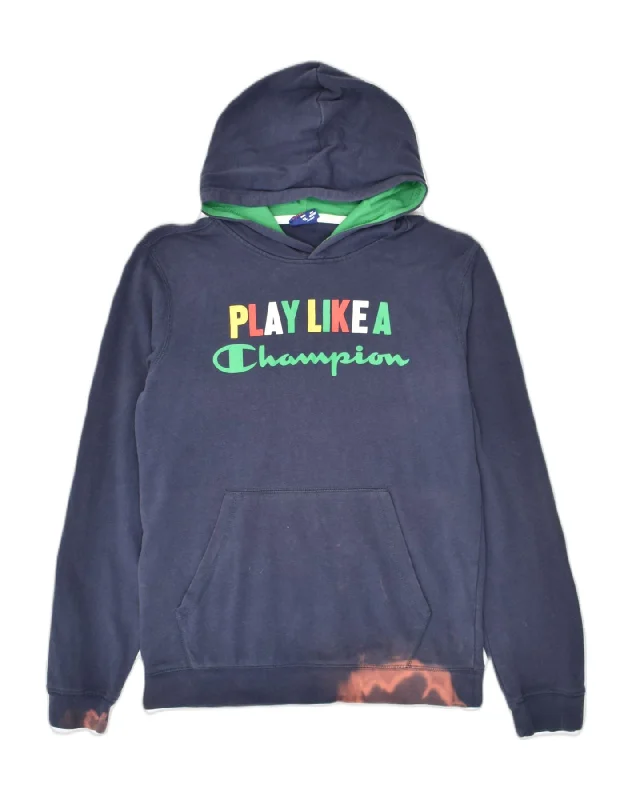 men's comfortable sweatshirts -CHAMPION Boys Graphic Hoodie Jumper 13-14 Years XL Navy Blue Cotton