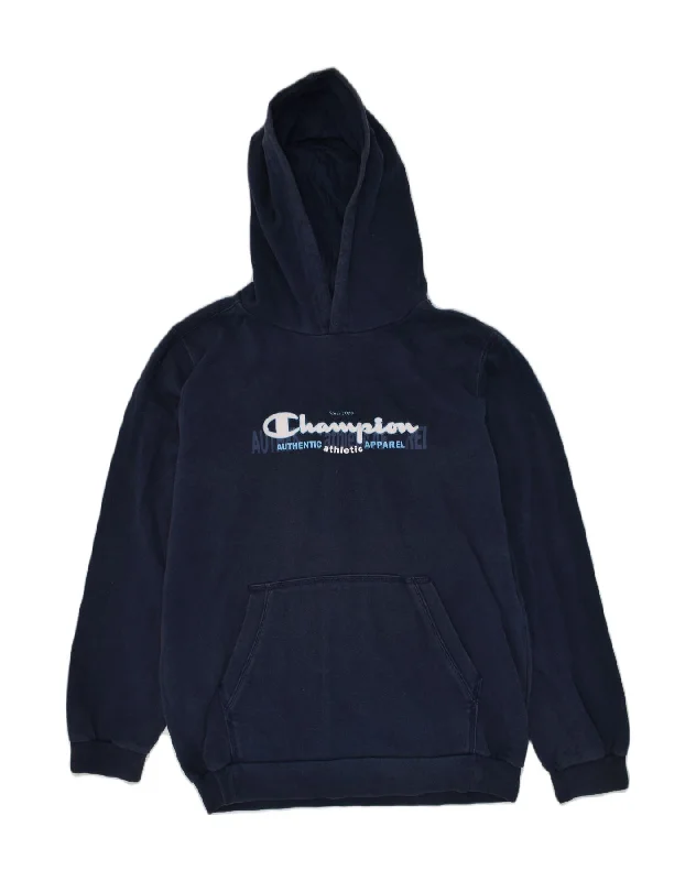 men's fleece zip-up hoodies -CHAMPION Boys Graphic Hoodie Jumper 13-14 Years XL Navy Blue Cotton