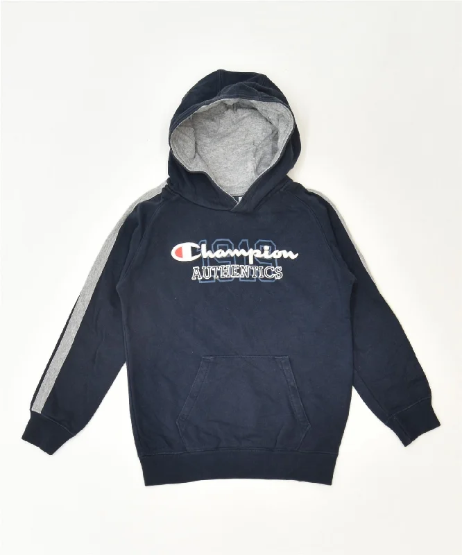 men's hoodie for layering in cold -CHAMPION Boys Graphic Hoodie Jumper 5-6 Years XS Navy Blue Cotton Sports