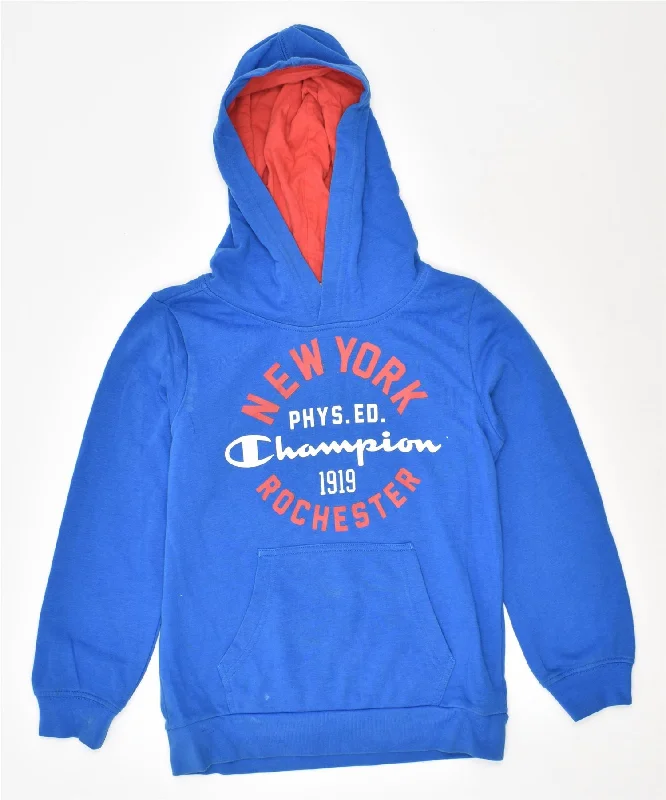 men's hoodie for outdoor wear -CHAMPION Boys Graphic Hoodie Jumper 7-8 Years Small Blue Cotton