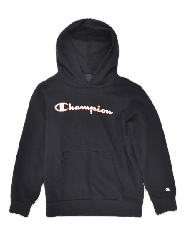 men's stylish pullover sweatshirts -CHAMPION Boys Graphic Hoodie Jumper 9-10 Years Medium Black Cotton