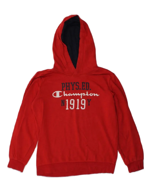 men's workout sweatshirt hoodies -CHAMPION Boys Graphic Hoodie Jumper 9-10 Years Medium Red Cotton