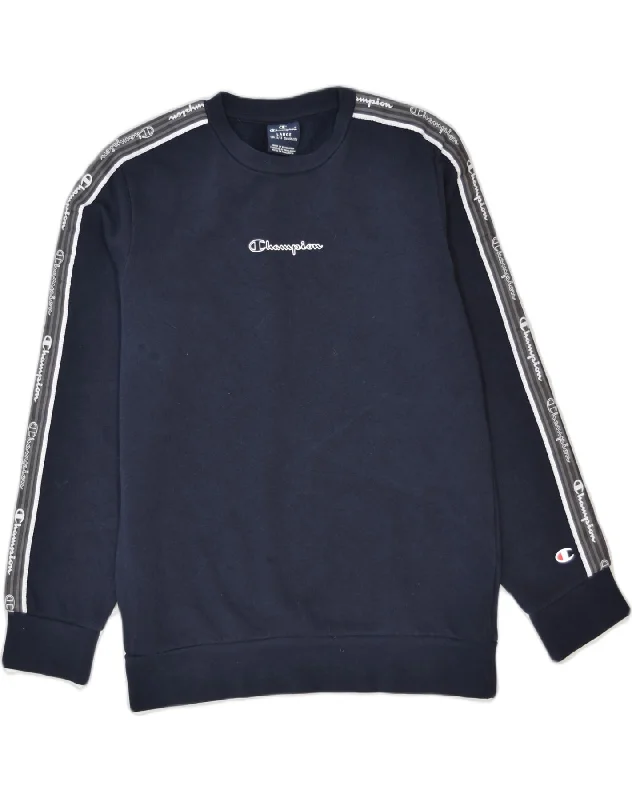 men's hoodie for gym -CHAMPION Boys Graphic Sweatshirt Jumper 11-12 Years Large Navy Blue Cotton