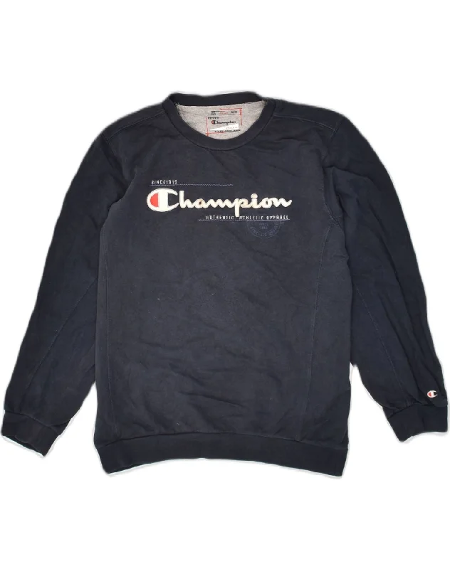 men's hoodie for school wear -CHAMPION Boys Graphic Sweatshirt Jumper 11-12 Years Large Navy Blue Cotton