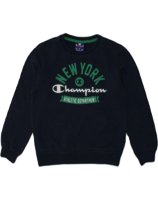 men's graphic design hoodie sweatshirts -CHAMPION Boys Graphic Sweatshirt Jumper 7-8 Years Small Navy Blue Cotton